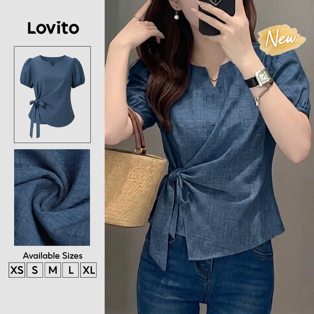 (New Arrival) Lovito Áo kiểu nữ màu Xanh dương Tay ngắn cổ chữ V buộc dây Phong cách thường ngày Cho mùa xuân hè và cuối tuần BLB204P1D817