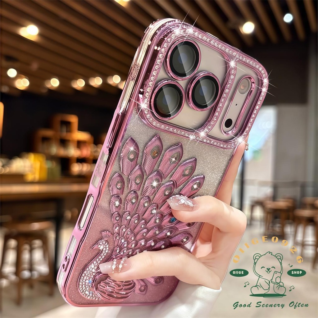 【 Ốp lưng iPhone17 】 Vỏ điện thoại hình con công kim cương mạ màu cam iphone17 Pro Max 16 15 14 13 cho vỏ iPhone Vỏ mềm silicon TPU chống sốc