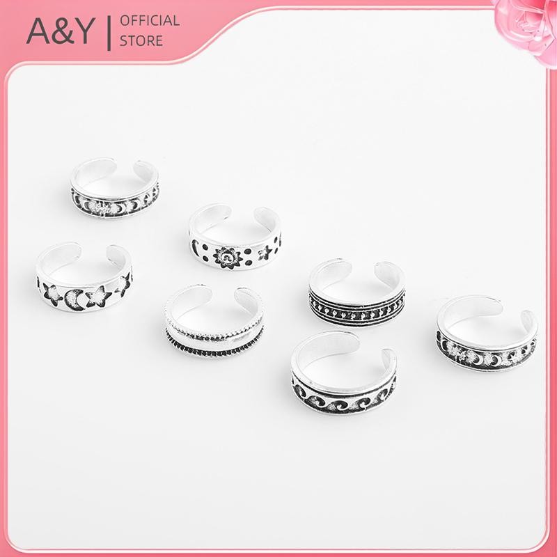A & Y 7 Chiếc Vintage Rỗng Khắc Sao Mặt Trăng Ngón Chân Bộ Dụng Cụ Nhẫn Mở Ngón Tay Có Thể Điều Chỉnh.