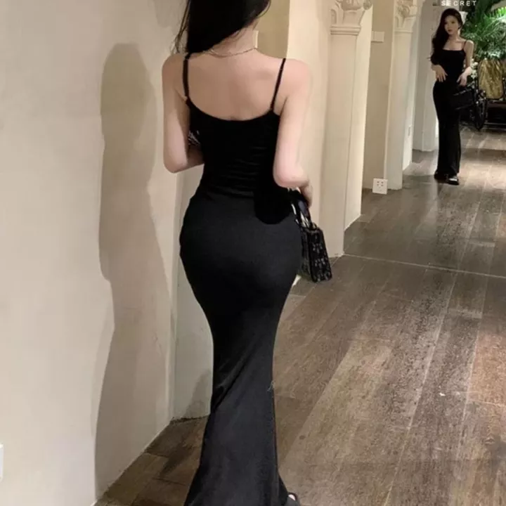 H901 Đầm Body 2 Dây Dáng Dài Đuôi Cá Váy Body Nữ Len Gân Tăm Mềm Mịn Mát Tôn Dáng Sexy Size Dưới 53kg
