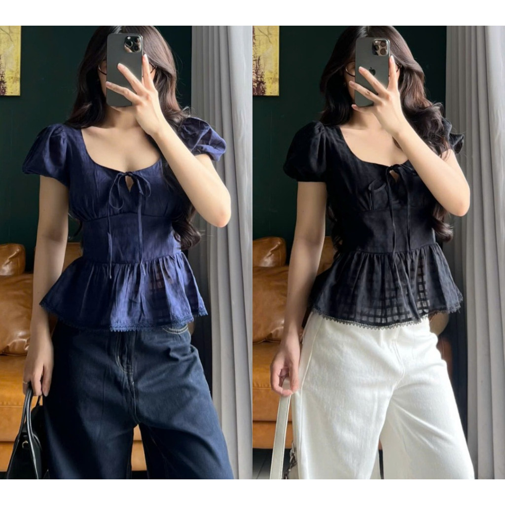 Áo Babydoll Thắt Eo, Smock Lưng Ôm Dáng Cực Xinh Màu Xanh Kiểu Cổ Vuông Hàn Quốc_A649