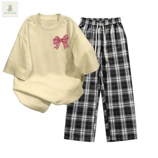 Tổng hợp các sét bộ quần caro đen+mix áo phông form rộng -hình NƠ  KẺ CARO ĐỎ-thubaquanao