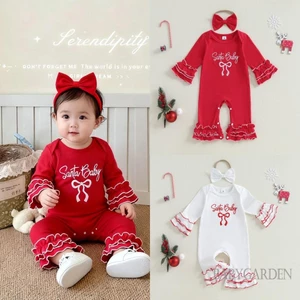 Bé Gái Trang Phục Giáng Sinh Nơ In Chữ Ruffle Dài Tay Áo Liền Quần Nơ Băng Đô
