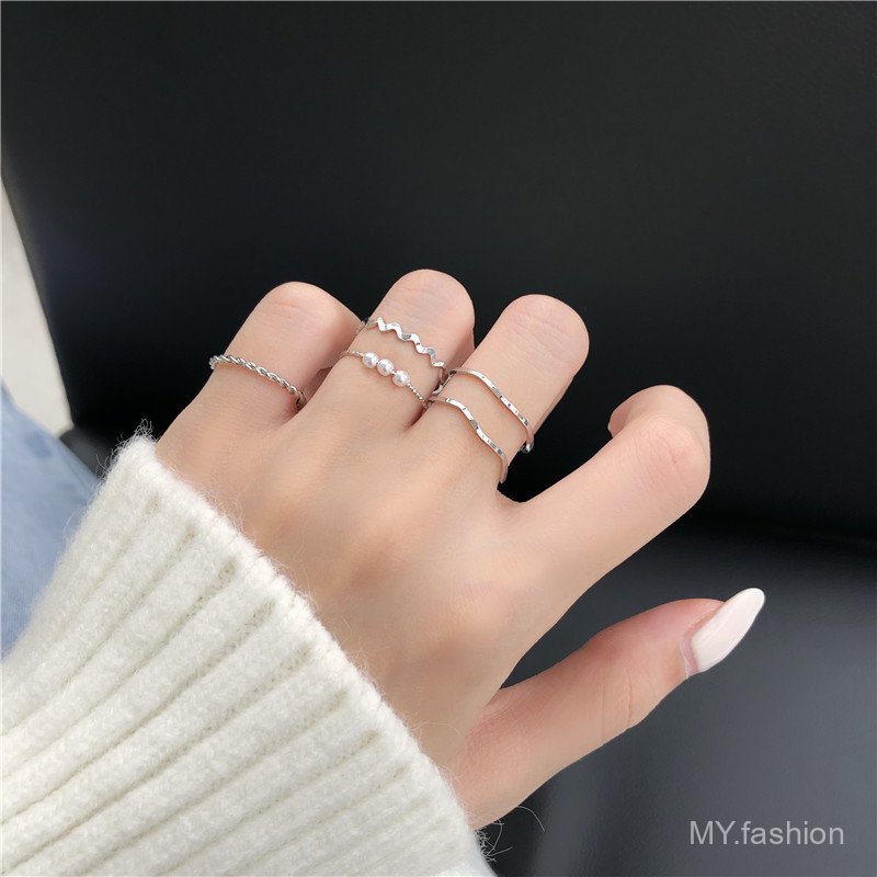 Nhẫn bộ năm mảnh phong cách Nhật Bản và Hàn Quốc, ngọc trai hình sóng, độc đáo và thời trang