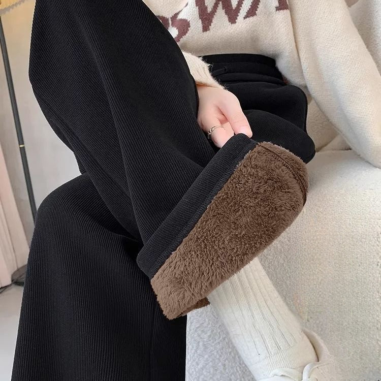 quần giữ nhiệt nữ Quần Chenille Lót Lông Cừu Ống Rộng, Phù Hợp Mùa Thu Đông