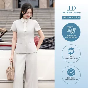 Áo Xuân Hè Dáng Ôm Cổ Đức Phối Cà Vạt 2T15.2601, Áo Form Slim Fit, Vintage Hoạ Tiết Monogram Thanh Lịch By JM