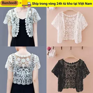 Áo ren BAMBOOB, Áo khoác mùa hè cô dâu ngắn tay phía trước mở, Áo Vest dệt kim họa tiết hoa màu đen / trắng thanh lịch dành cho nữ
