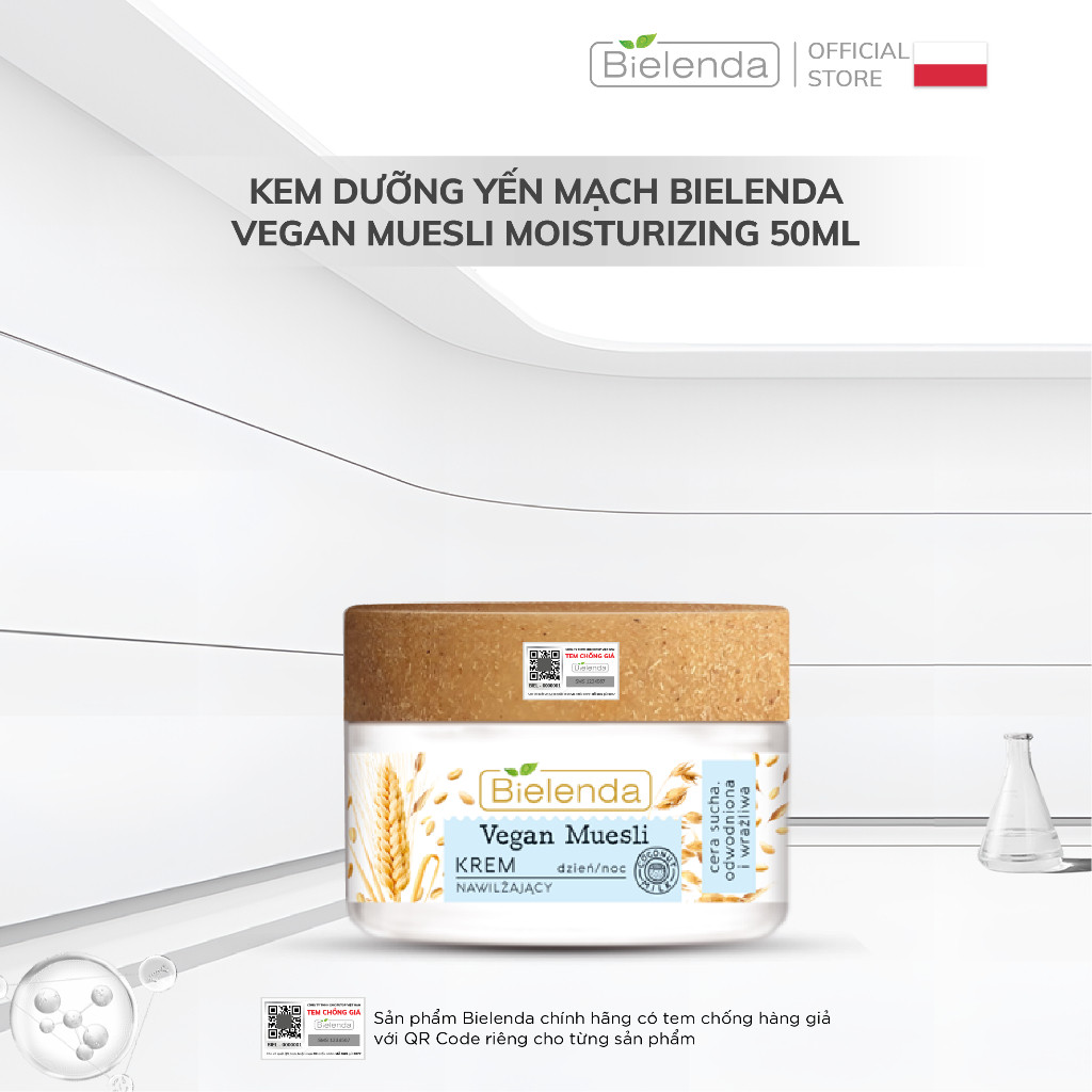 Kem dưỡng yến mạch Bielenda Vegan Muesli Moisturizing làm dịu, cấp ẩm, phục hồi da 50ml