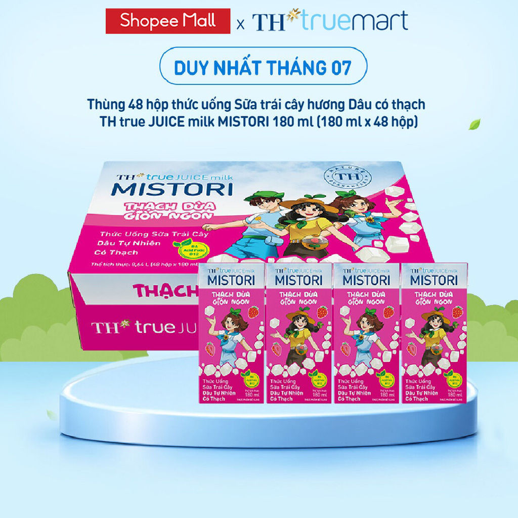 Thùng 48 hộp thức uống Sữa trái cây hương Dâu có thạch  TH true JUICE milk MISTORI 180ml (180ml x 48)