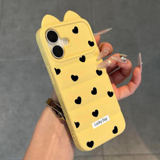 Ốp lưng nhựa mềm áo lông vũ tai mèo trái tim đen in nhãn chữ, chống va đập bền lâu iPhone 12/13/14/15/16 Pro Max