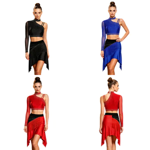Nyeemya Nữ Latin Tango Dance Trang Phục Đơn Tay Dài Bất Đối Xứng Vai Kim Cương Giả Crop Top Và Chặn Màu Váy Không Đều