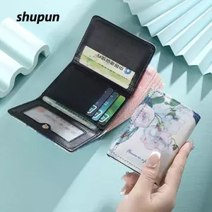 Ví ngắn SHUPUN, Nhiều khe cắm thẻ Ví đựng tiền xu gấp ba lần, Túi đựng thẻ thiết kế tranh sơn dầu bằng da PU di động