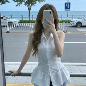 Áo sơ mi thiết kế kiểu Pháp không tay khâu ren nơ thắt nơ khí chất Dây ngắn cổ áo