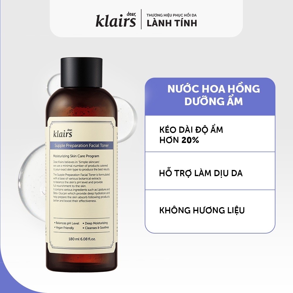 Nước hoa hồng Dear, Klairs Supple Preparation Facial Toner hỗ trợ làm sáng da 180ml [FS]