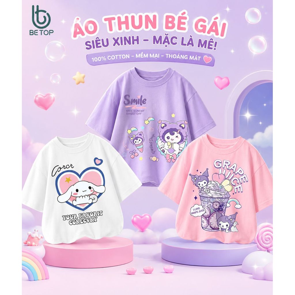 Áo Thun Form Rộng Tay Lỡ Bé Gái BETOP, Áo Phông Premium Cotton In Hình KUROMI Cute, Đáng Yêu Cho Bé Từ 1-10 Tuổi