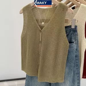 MAKY Mùa Hè Hàn Quốc Cotton Và Vải Lanh Thời Trang Màu Trơn Rời V-Ne Vest Dành Cho Nữ VN