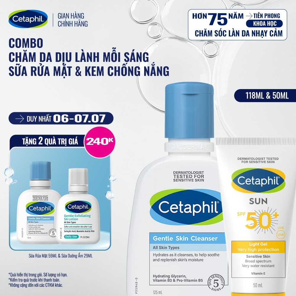 Bộ Sữa rửa mặt CETAPHIL GENTLE SKIN CLEANSER 125ML VÀ Gel chống nắng dịu lành CETAPHIL SUN SPF 50+ LIGHT GEL 50ML