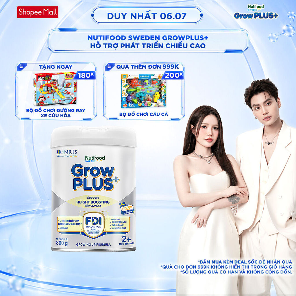 [Livestream Lucie] Sữa Bột Nutifood Sweden GrowPLUS+ Cao lớn vượt trội trên 2 tuổi (Bạc) 800g