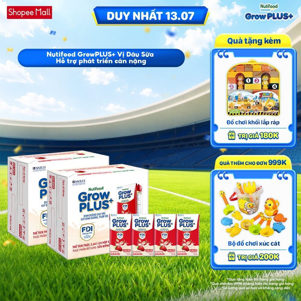 Combo 2 Thùng 24 hộp Sữa bột pha sẵn Nutifood GrowPLUS+ Vị Dâu Sữa hộp 110ml - Trên 1 tuổi