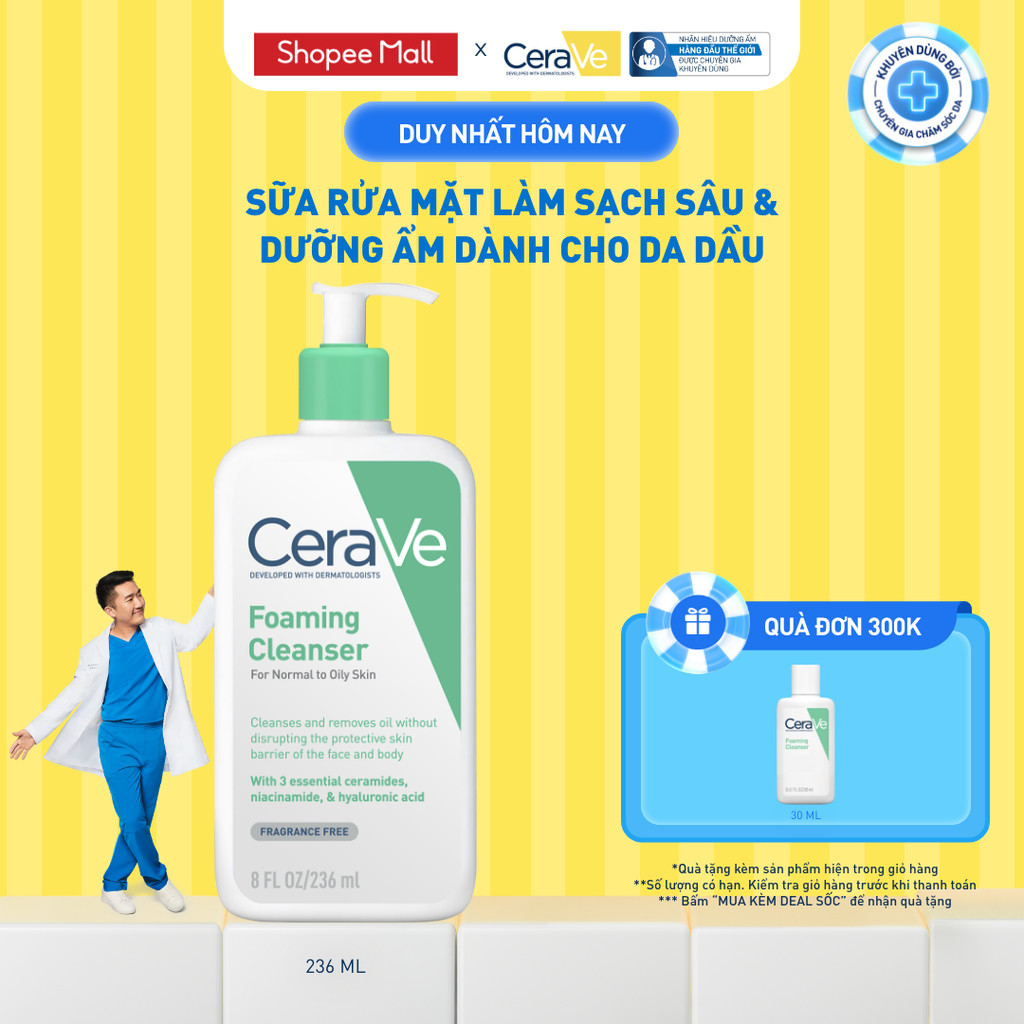 Sữa rửa mặt foaming giúp làm sạch sâu và dưỡng ẩm dịu nhẹ dành cho da dầu - CeraVe Foaming Facial Cleanser 236ML