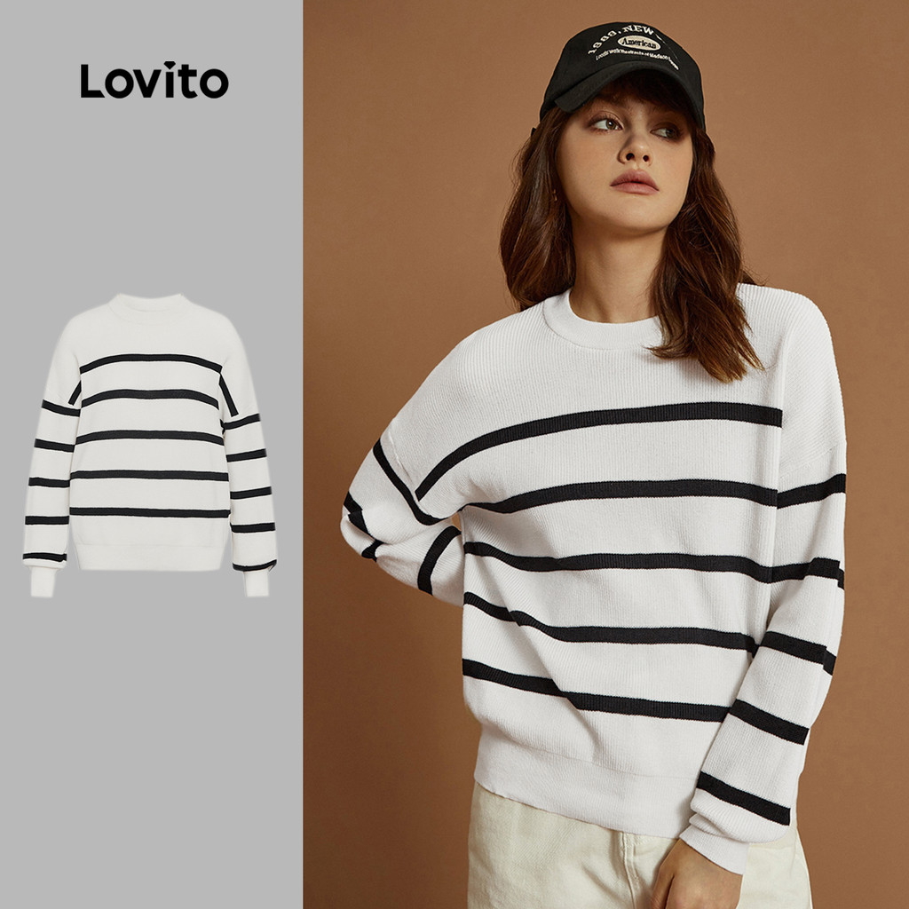 Lovito Áo Len Dài Tay Họa Tiết Sọc Mềm Mại, Co Giãn Cao, Dáng Rộng Thoải Mái Dành Cho Nữ L32ud004 (trắng Nhạt)