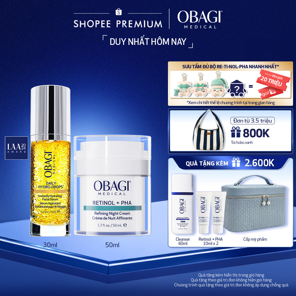Bộ đôi Kem Dưỡng Đêm Obagi Retinol + PHA và Serum Dưỡng Ẩm & Làm Dịu Da Obagi Daily Hydro-Drops