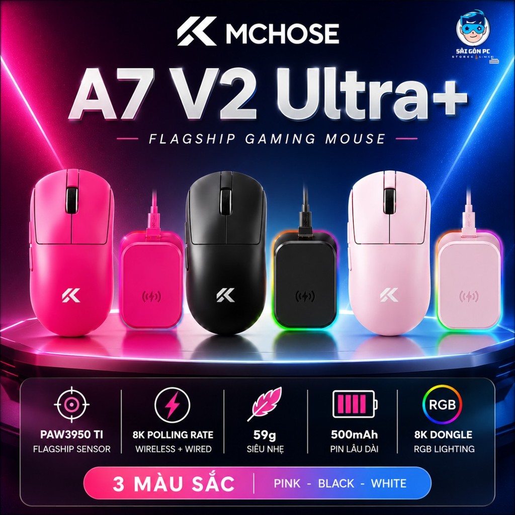 Chuột Gaming Không Dây MCHOSE A7 V2 Ultra Plus - 3 Chế Độ Kết Nối, Chip PAW3950, Polling Rate 8000Hz, 26000 DPI, Độ Trễ  | BigBuy360 - bigbuy360.vn