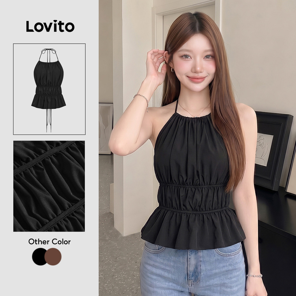 Lovito thanh lịch Áo Tank Top Plain Ren Up Ruched Tank Top dành cho nữ L106AD087