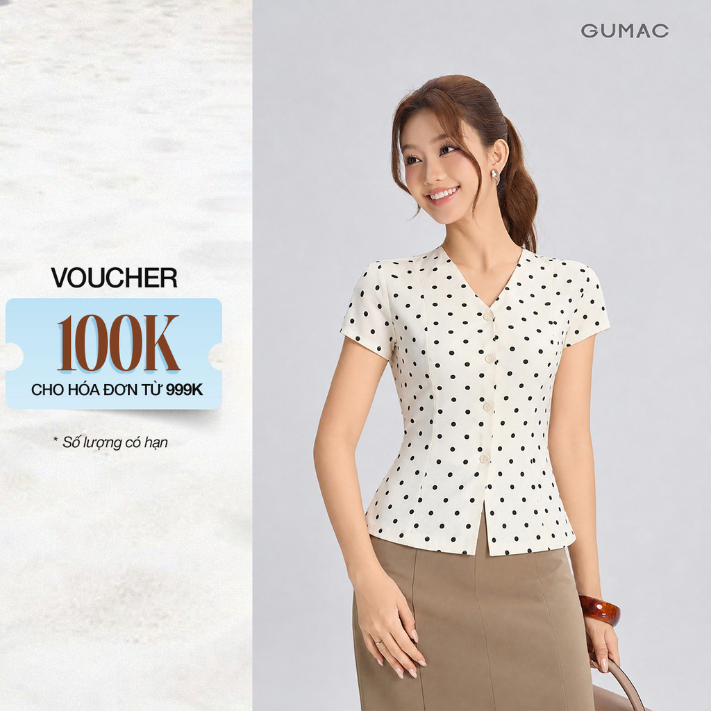 Áo Peplum Nữ GUMAC Áo Kiểu Cổ V Chấm Bi Xòe Nhẹ Tôn Eo Thanh Lịch Tôn Dáng LAG06044