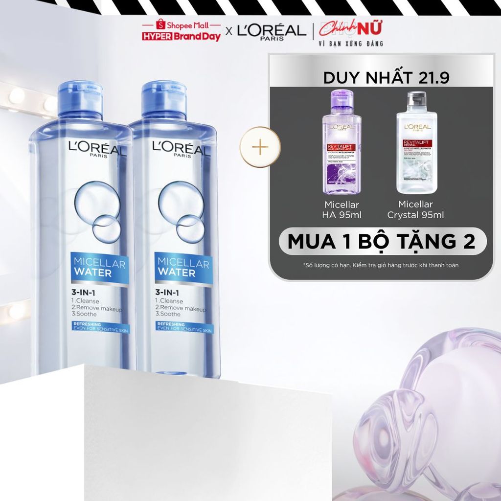 Bộ 2 nước tẩy trang đa năng 3in1 tươi mát L'Oreal Paris (xanh dương nhạt) 400ml