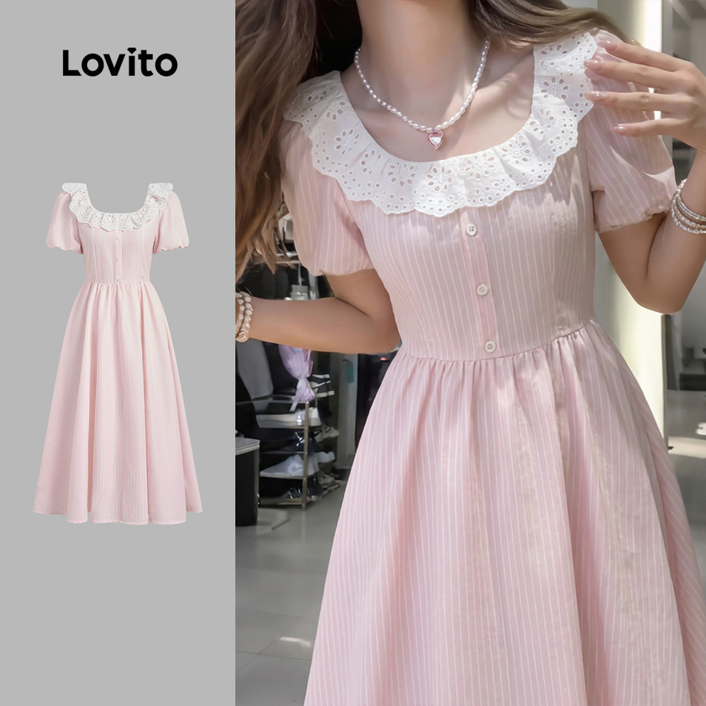Lovito Đầm dễ thương cổ bèo cài nút màu hồng xuân/hè cho nữ DRK8TD150