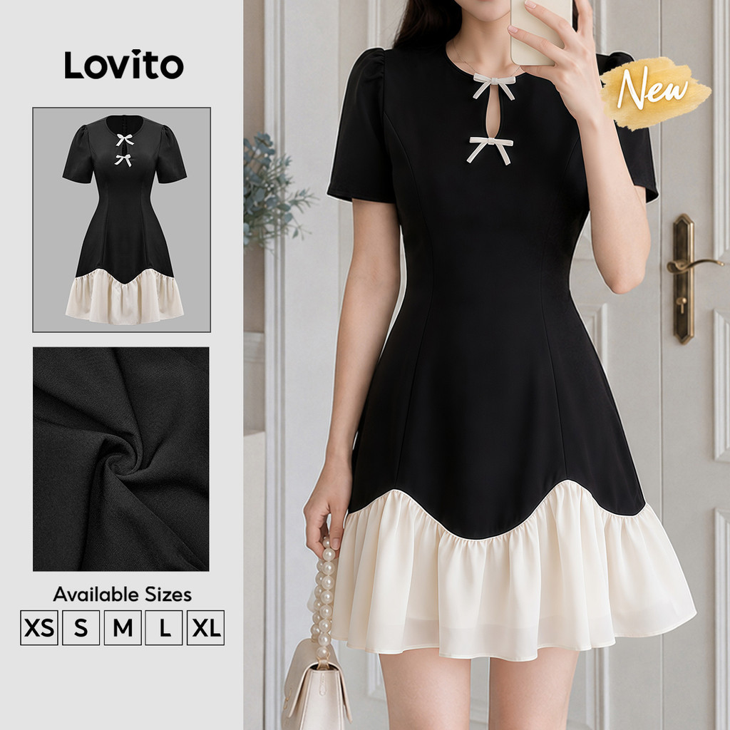(New Arrival) Lovito Đầm nữ đen trắng dáng xòe ngắn Thanh lịch May phối vải và phối màu mặc công sở mùa xuân hè DRB205P2D308