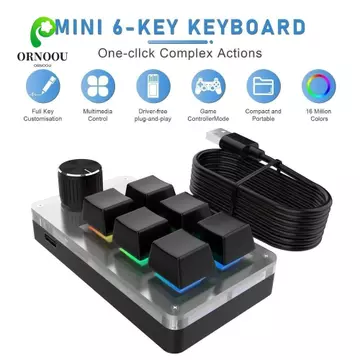Bàn phím lập trình tùy chỉnh Mini ORNOOU, 6 phím Bàn phím chơi game có dây USB, Bàn phím Macro 1 núm Bàn phím cơ RGB trao đổi nóng