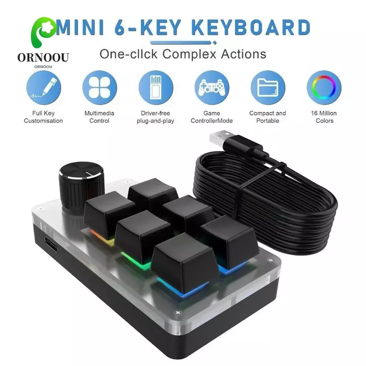 Bàn phím lập trình tùy chỉnh Mini ORNOOU, 6 phím Bàn phím chơi game có dây USB, Bàn phím Macro 1 núm Bàn phím cơ RGB trao đổi nóng