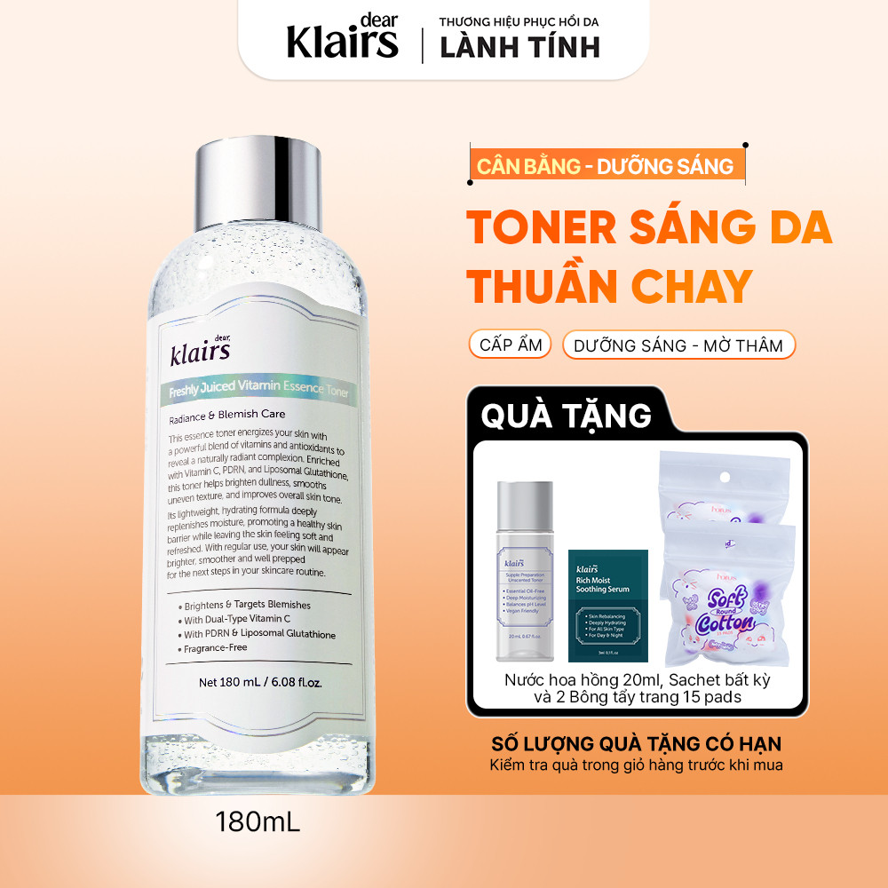 Nước hoa hồng Dear, Klairs Freshly Juiced Vitamin Essence Toner hỗ trợ làm sáng da 180ml [FS]