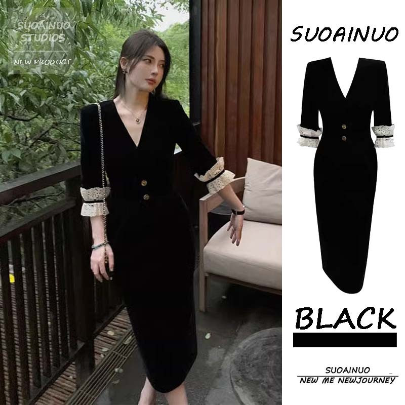 Pháp Hepburn Phong Cách Đầm Nhung Đen Cao Cấp Hẹp Eo Nhỏ Đầm Đen Cao Cấp Ánh Sáng Sang Trọng Niche Đầm Váy Nữ