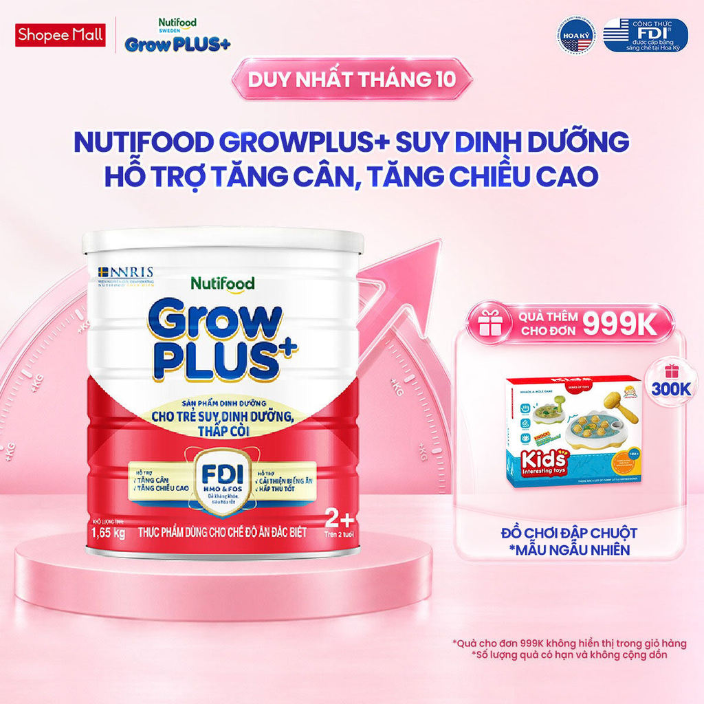 Sữa bột Nutifood GrowPLUS+ Suy Dinh Dưỡng (Đỏ) 2+ Tăng Cân, Tăng Chiều Cao (Lon 1,65 Kg)