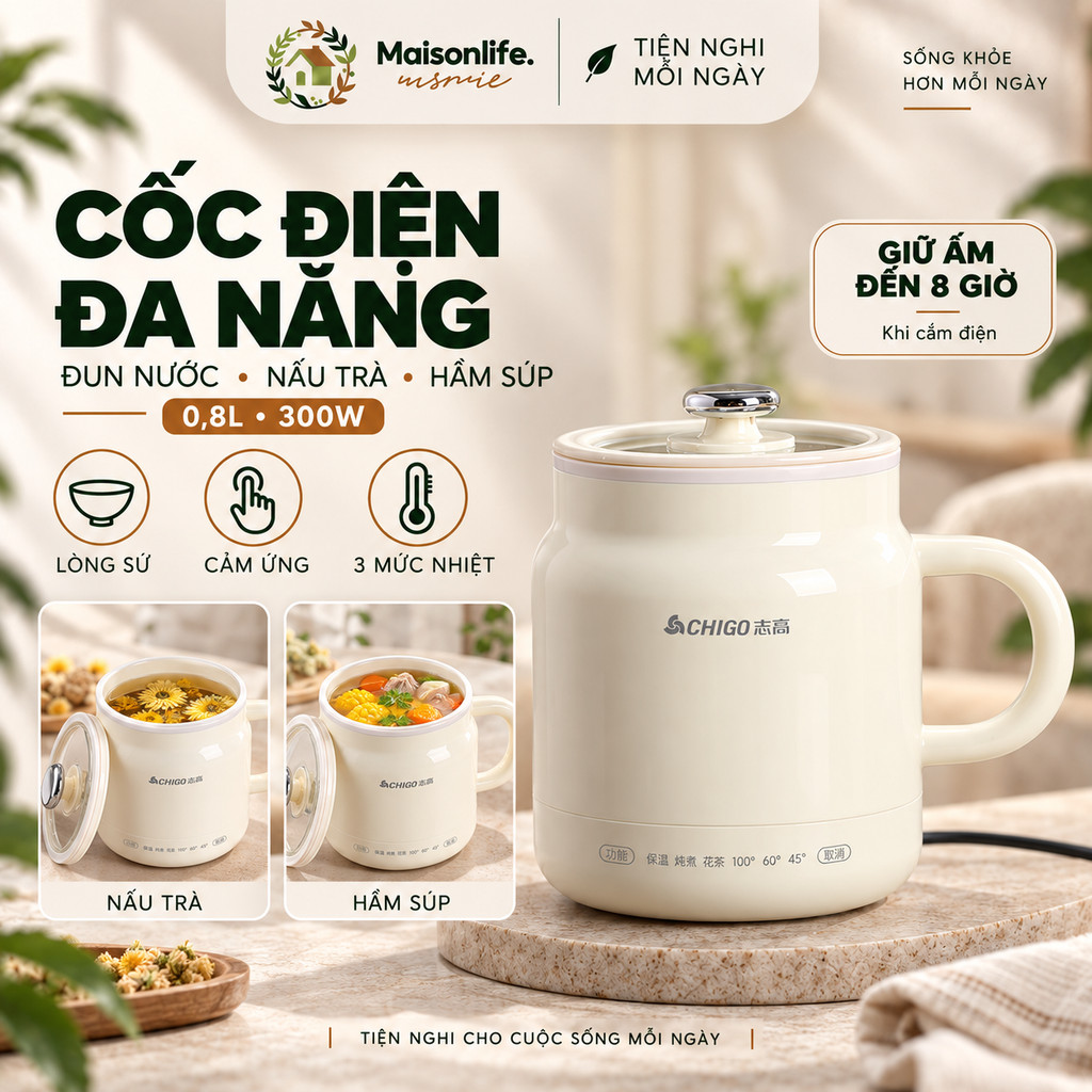 Cốc Điện Đa Năng CHIGO 0.8L 300W, Đun Nước, Nấu Trà, Hầm Súp, Lòng Sứ, Giữ Ấm 8 Giờ