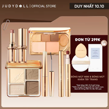 [BST TẾT] Bộ Trang Điểm JUDYDOLL Bảng Tạo Khối & Bắt Sáng 4 Ô + Mascara đầu sắt Iron Mascara + Phấn Mắt 6 Ô + Son kem lì Son Đầu Bông - BST Giới Hạn Golden Collection