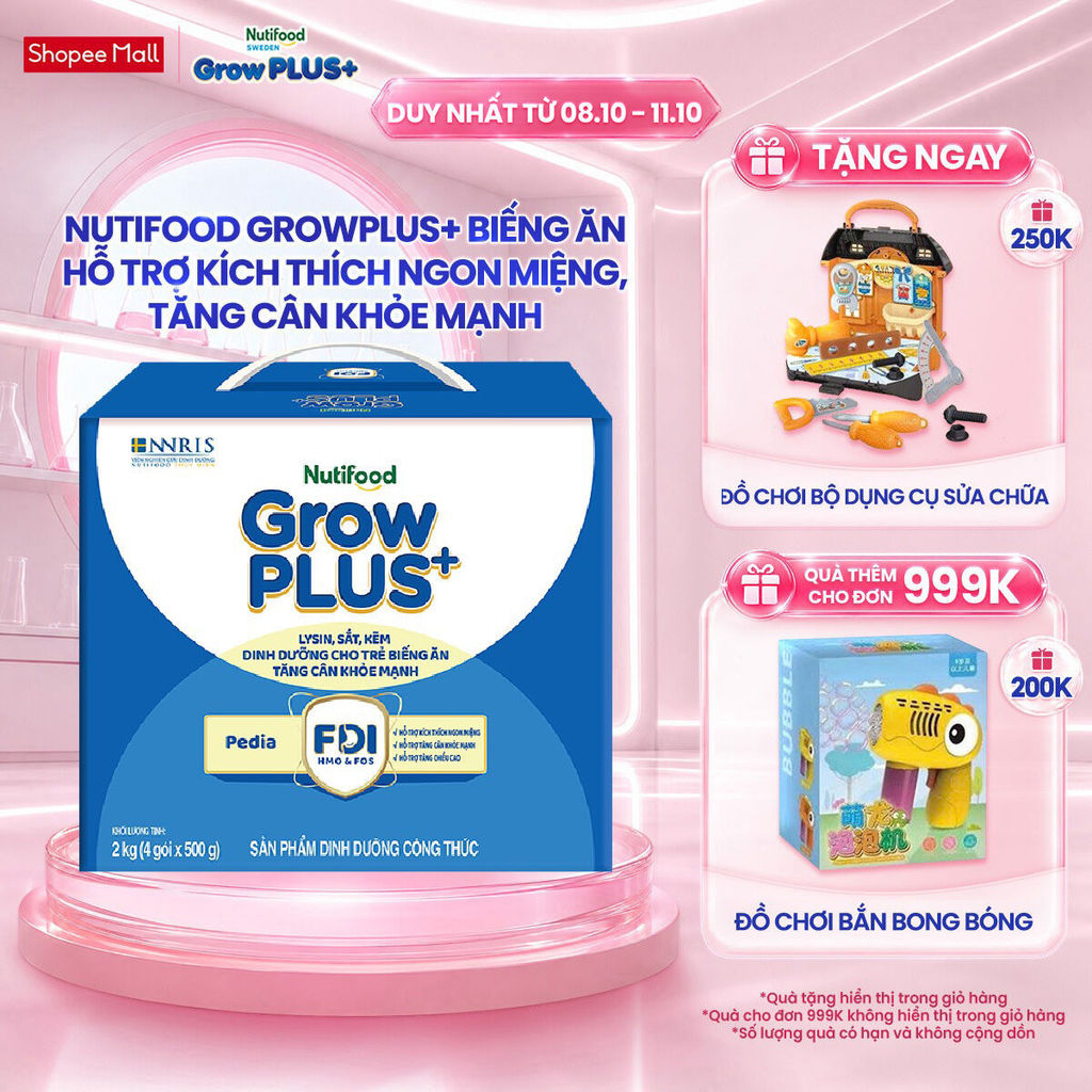 Sữa Bột Nutifood GrowPLUS+ Biếng Ăn (Xanh) 1+ - Tăng Cân Khỏe Mạnh (Hộp 2 Kg)