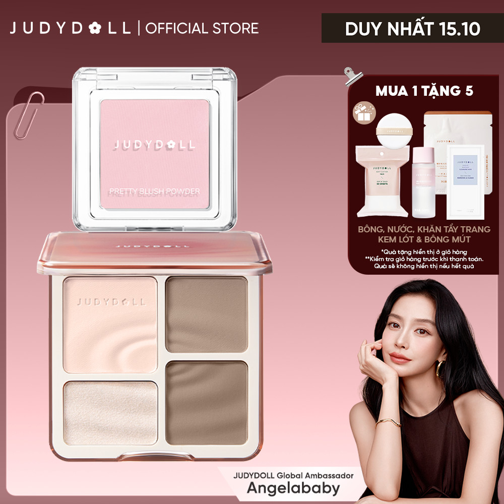 [Combo 2] Bảng Tạo Khối Bắt Sáng Highlight JUDYDOLL 4 Ô Thời Thượng & Phấn Má Hồng Đơn Sắc Tự Nhiên Đa Năng