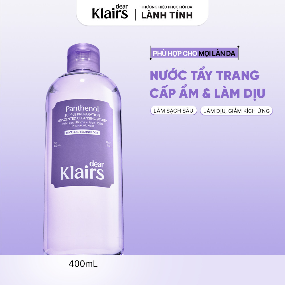 Nước tẩy trang dịu nhẹ, dưỡng ẩm Dear Klairs Supple Preparation Unscented Cleansing Water 400ml [FS]