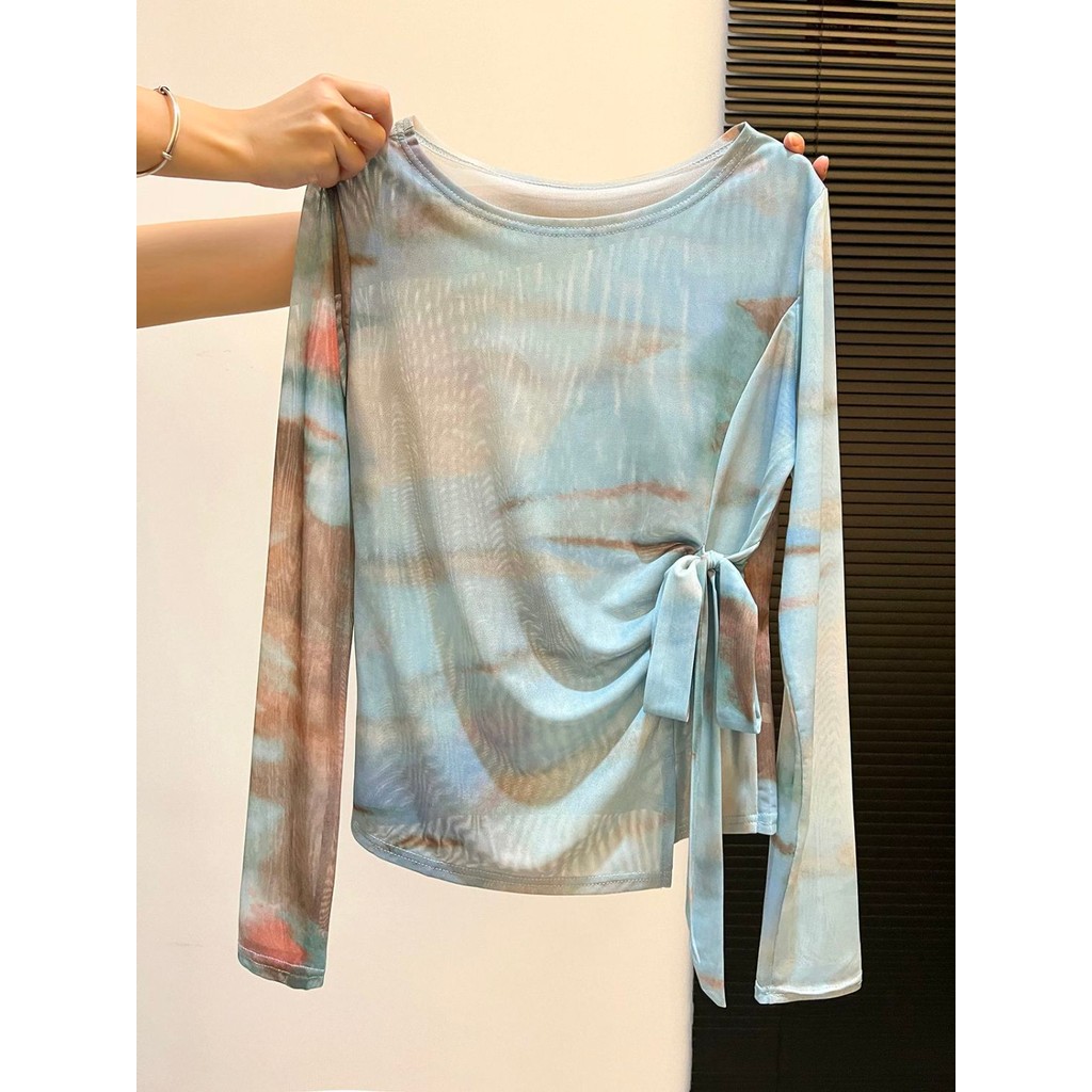 Milyfashion Tie-Dye In viền không đều dài tay gạc Top mỏng xuyên thấu Sunscre