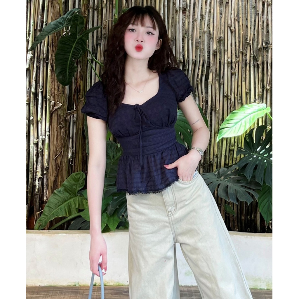 Áo Babydoll Thắt Eo, Smock Lưng Ôm Dáng Cực Xinh Màu Xanh Kiểu Cổ Vuông Hàn Quốc_A649