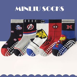 (2-9 tuổi) Set 5 Đôi Tất Chống Trơn Cho Bé Trai – Cotton Dày Dặn – Phong Cách Super Man