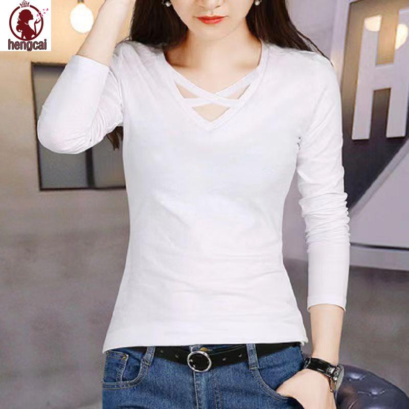 Áo thun dài tay cổ chữ V mỏng style Hàn Quốc, phù hợp mùa xuân thu, có size lớn