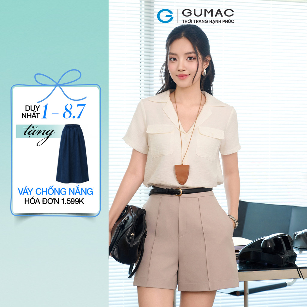 Áo Kiểu Nữ GUMAC Form Suông Tay Ngắn Cổ Danton Túi Đắp Trang Trí Hiện Đại AF07019