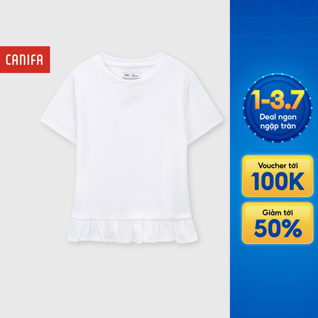Áo phông bé gái CANIFA áo thun cộc tay chất cotton mềm mịn phối viền bèo 1TS26S015