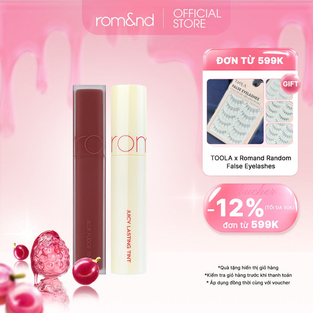 Combo Son kem siêu lì Romand Blur Fudge Tint 5g + Son tint bóng, siêu lì Romand Romand Juicy Lasting Tint 5.5g