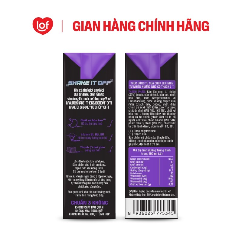 Sữa chua lên men tự nhiên MALTO Jelly Shake Shake It Off hương nho có thạch thùng 48 hộp x 170ml